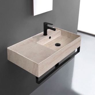 Bathroom Sink Beige Travertine Design Ceramic Wall Mounted Sink With Black Towel Bar Scarabeo 5118-E-TB-BLK