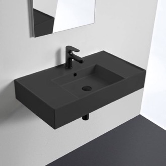 Bathroom Sink Black Ceramic Wall Mounted or Vessel Sink With Counter Space Scarabeo 5123-49