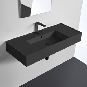 Bathroom Sink Matte Black Ceramic Wall Mounted or Vessel Sink With Counter Space Scarabeo 5124-49