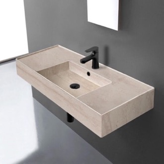 Bathroom Sink Beige Travertine Design Ceramic Wall Mounted or Vessel Sink With Counter Space Scarabeo 5124-E