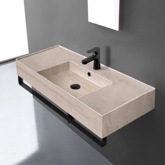 Bathroom Sink Beige Travertine Design Ceramic Wall Mounted Sink With Black Towel Bar Scarabeo 5124-E-TB-BLK