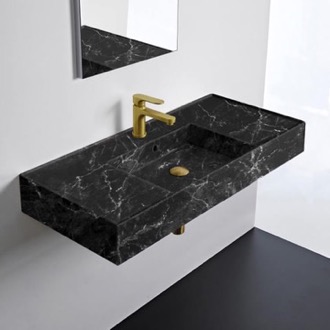 Bathroom Sink Black Marble Design Ceramic Wall Mounted or Vessel Sink With Counter Space Scarabeo 5124-G