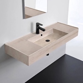 Bathroom Sink Beige Travertine Ceramic Wall Mounted or Vessel Sink With Counter Space Scarabeo 5125-E