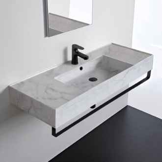 Bathroom Sink Wall Mounted Marble Design Ceramic Sink With Black Towel Bar Scarabeo 5125-F-TB-BLK