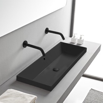 Bathroom Sink Rectangular Matte Black Ceramic Trough Drop In Sink Scarabeo 5133-49