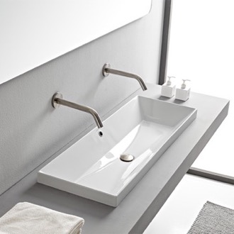 Bathroom Sink Rectangular White Ceramic Trough Drop In Sink Scarabeo 5133