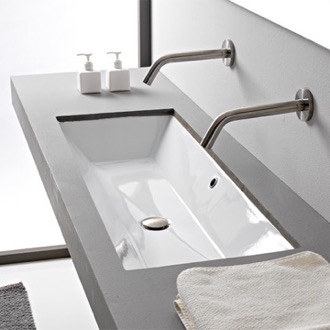 Bathroom Sink Rectangular White Ceramic Trough Undermount Sink Scarabeo 5136