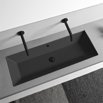 Bathroom Sink Rectangular Matte Black Ceramic Trough Undermount Sink Scarabeo 5137-49