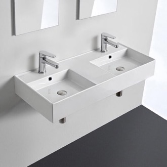 Bathroom Sink Double Rectangular Ceramic Wall Mounted or Vessel Sink With Counter Space Scarabeo 5142