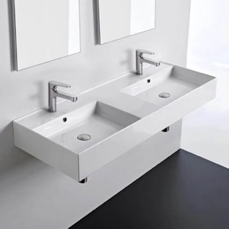 Bathroom Sink Double Rectangular Ceramic Wall Mounted or Vessel Sink With Counter Space Scarabeo 5143