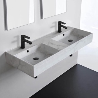 Bathroom Sink Marble Design Ceramic Wall Mounted or Vessel Double Sink With Counter Space Scarabeo 5143-F