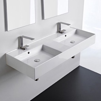 Bathroom Sink Double Rectangular Ceramic Wall Mounted or Vessel Sink With Counter Space Scarabeo 5143