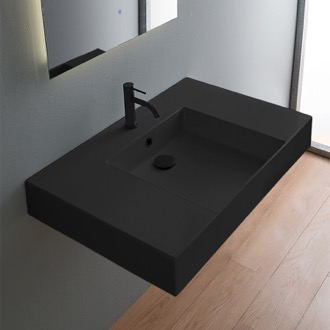 Bathroom Sink Matte Black Ceramic Wall Mounted or Vessel Sink With Counter Space Scarabeo 5151-49