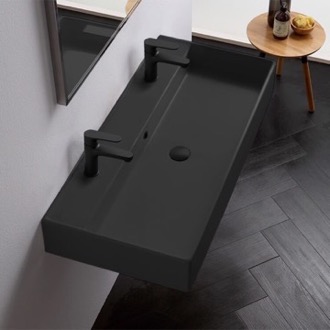 Bathroom Sink Black Ceramic Trough Wall Mounted or Vessel Sink Scarabeo 8031/R-100B-49