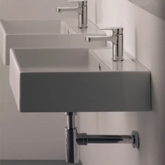 Bathroom Sink Square White Ceramic Wall Mounted or Vessel Sink Scarabeo 8031/R