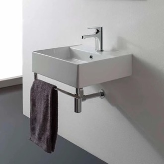 Bathroom Sink Square Wall Mounted Ceramic Sink With Polished Chrome Towel Bar Scarabeo 8031/R-40-TB