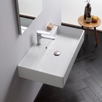Bathroom Sink Rectangular White Ceramic Wall Mounted or Vessel Sink Scarabeo 8031/R-80