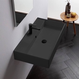 Bathroom Sink Rectangular Black Ceramic Wall Mounted or Vessel Sink Scarabeo 8031/R-80-49