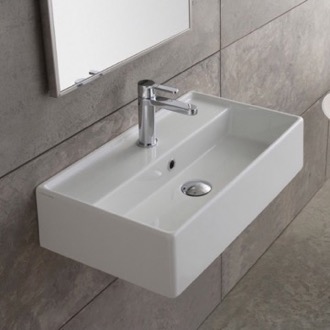 Bathroom Sink Rectangular White Ceramic Wall Mounted or Vessel Sink Scarabeo 5002