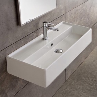 Bathroom Sink Rectangular White Ceramic Wall Mounted or Vessel Sink Scarabeo 5003