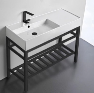 Console Bathroom Sink Modern Ceramic Console Sink With Counter Space and Matte Black Base, 40