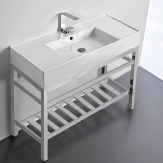 Console Bathroom Sink Modern Ceramic Console Sink With Counter Space and Chrome Base, 40