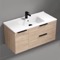 40 Inch Wall Mounted Bathroom Vanity, Ceramic Sink with Counter Space, 1 Door, 2 Drawers, Brown Oak