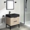 Modern Small Bathroom Vanity, Brown Oak, Black Ceramic Sink, 24 Inch, Free Standing