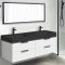 Floating Double Bathroom Vanity, Glossy White, Black Ceramic Sink, 56 Inch