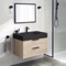 Modern Floating Bathroom Vanity, Black Ceramic Sink, Brown Oak, 32 Inch