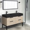 Modern Double Bathroom Vanity, Brown Oak, Black Ceramic Sink, 48 Inch