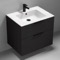 Floating Matte Black Bathroom Vanity, Modern, 28 Inch