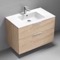 36 Inch Floating Bathroom Vanity, Brown Oak, Chrome Handles