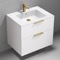 Wall Mounted Bathroom Vanity, Modern, Glossy White, 28 Inch, Gold Handles