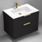 Wall Mounted Black Bathroom Vanity, Modern, 32 Inch, Gold Handles