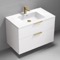 Wall Mounted Bathroom Vanity, Modern, Glossy White, 36 Inch, Gold Handles