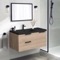 Wall Mounted Bathroom Vanity, Modern, Brown Oak, Black Ceramic Sink, 36 Inch