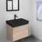 Floating Small Bathroom Vanity, Brown Oak, Black Ceramic Sink, 24 Inch