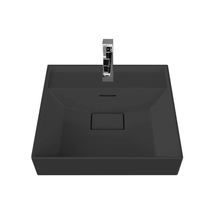 Square Wall Mounted Ceramic Sink With Matte Black Towel Bar