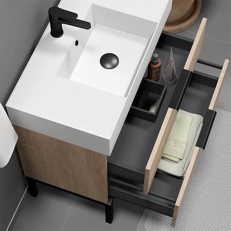 Modern Bathroom Vanity with Black Sink, Small, Floating, 24 inch , Brown Oak, Nameeks DERIN53