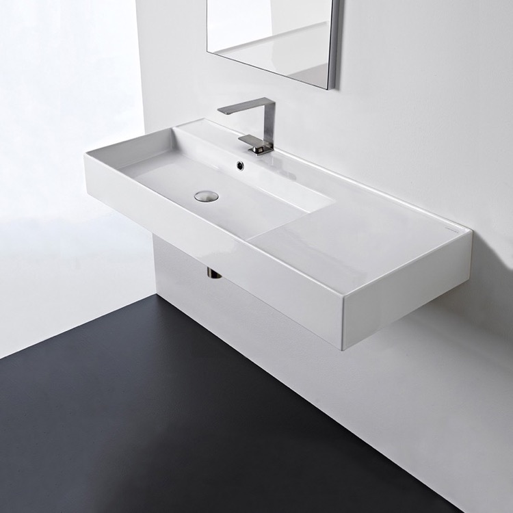 Wall Mounted Sink in Ceramic, Modern, Rectangular, 32, with Counter Space, Teorema 2 Scarabeo 5115 by Nameeks