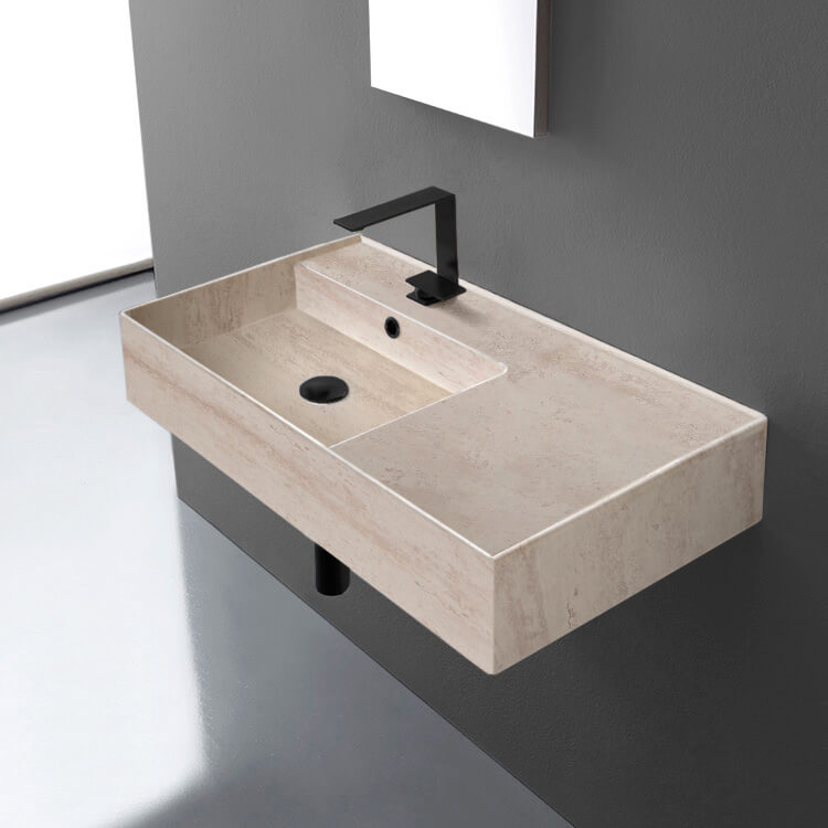 Wall Mounted Sink in Ceramic, Modern, Rectangular, 32, with Counter Space, Teorema 2 Scarabeo 5115 by Nameeks