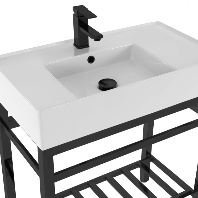 Narrow Depth Console Sink Bathoom Vanity for Powder Room, 24, Matte Black Metal Legs, Teorema Scarabeo 8031/R-60-CON-BLK by Nameeks